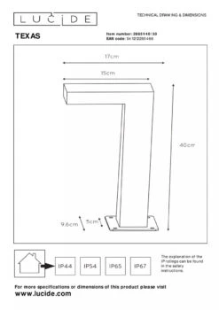 Texas Pullert 40 Cm 7W IP54 - Antrasitt -Lightup Butikk Texas pullert 40 cm 7W IP54 Antrasitt Utebelysning pullert Lucide LC288514030 3