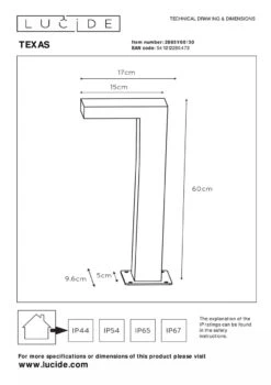 Texas Pullert 60 Cm 7W IP54 - Antrasitt -Lightup Butikk Texas pullert 60 cm 7W IP54 Antrasitt Utebelysning pullert Lucide LC288516030 4